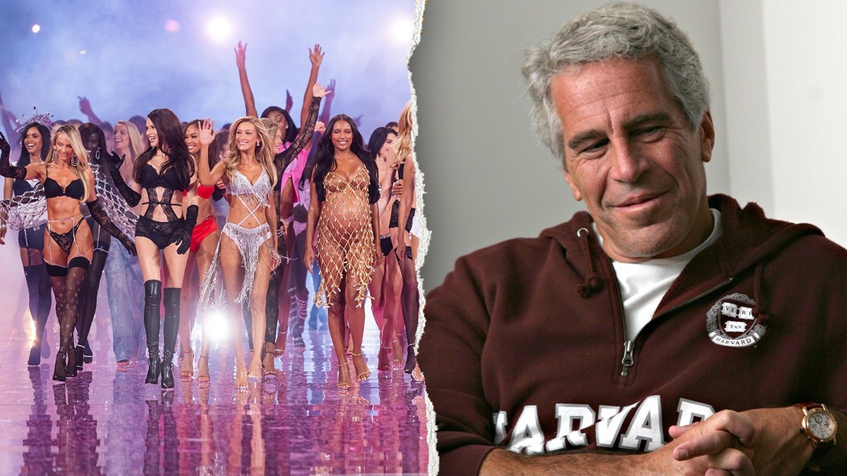 Victoria's Secret models walk a runway, left, pictured alongside Jeffrey Epstein, right.