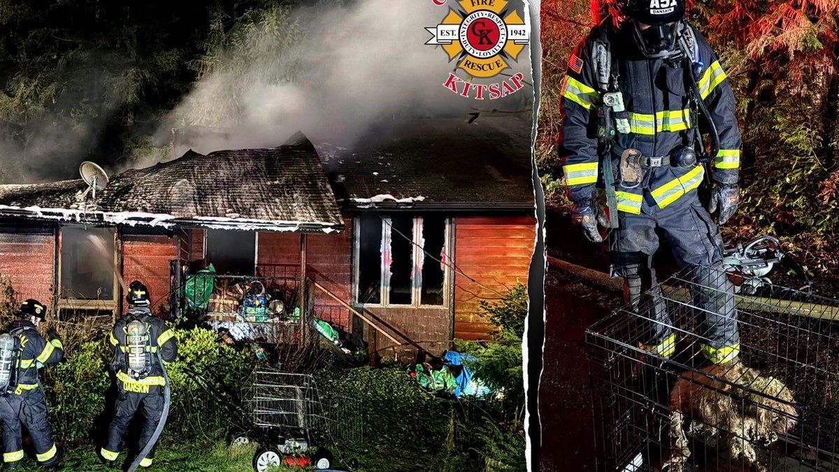 firefighters outside burning home split with firefighter standing next to dog in a cage