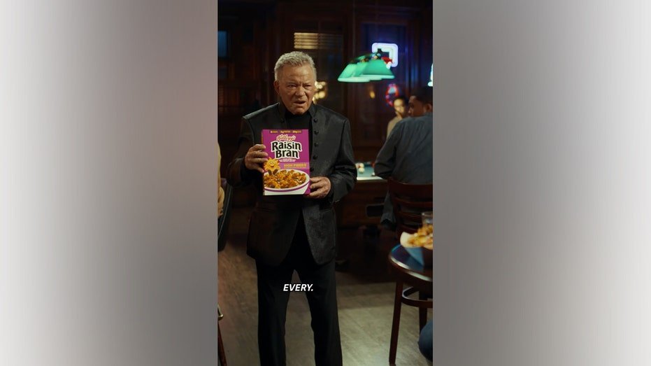 William Shatner appears in a Kellogg’s Raisin Bran commercial ahead of Super Bowl LX.