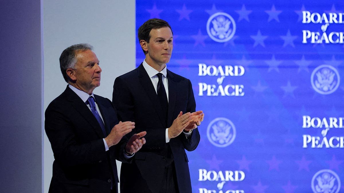 U.S. President Donald Trump's son-in-law, Jared Kushner, and U.S. Special Envoy Steve Witkoff take part in a charter announcement for the president’s Board of Peace initiative aimed at resolving global conflicts, alongside the 56th annual World Economic Forum (WEF). The event took place in Davos, Switzerland, on Jan. 22, 2026.