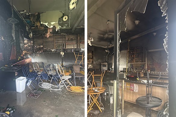 Inside the firebombed ice cream shop and barber on Kilmore’s main road.