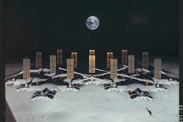 A concept released by the European Space Agency for a community for 155 astronauts on the lunar surface, made from inflatable pods.