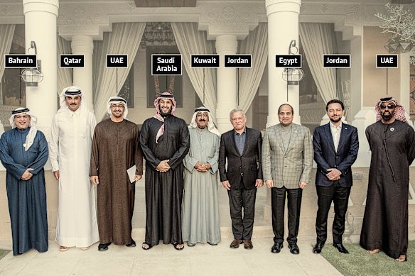 A Saudi-hosted meeting of regional leaders in February 2025, from left to right: Bahrain Crown Prince Salman bin Hamad Al Khalifa, Qatar’s Emir Sheikh Tamim bin Hamad Al-Thani, UAE’s President Sheikh Mohammed bin Zayed Al Nahyan, Saudi Crown Prince Mohammed bin Salman, Emir of Kuwait Mishal Al-Ahmad Al-Jaber Al-Sabah, King Abdullah II bin Al-Hussein of Jordan, Egyptian President Abdel Fattah el-Sissi, Jordan’s Crown Prince Hussein bin Abdullah, and UAE National Security Adviser Sheikh Tahnoun bin Zayed al-Nahyan.