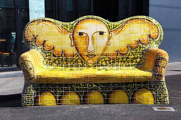 The mosaic “couch” benches in Fitzroy by ceramic artist Giuseppe Raneri are camp, cheeky and unmistakably local in a sea of standard-issue street furniture.
