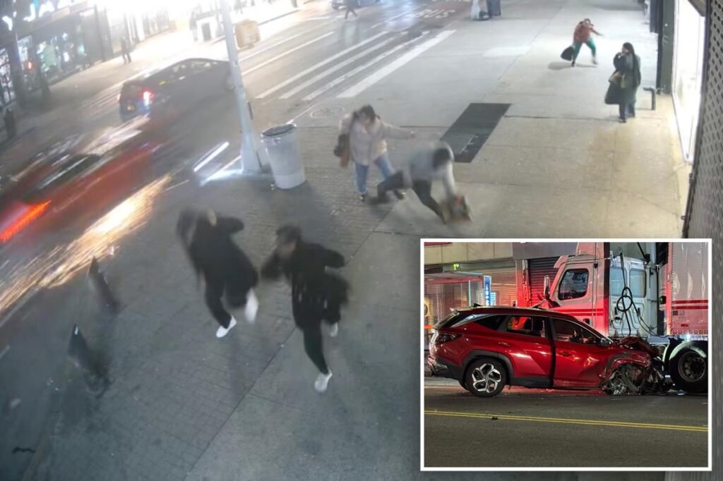 Shocking video shows sparks fly as out-of-control driver appears to drag cyclists down busy Harlem street in fatal crash