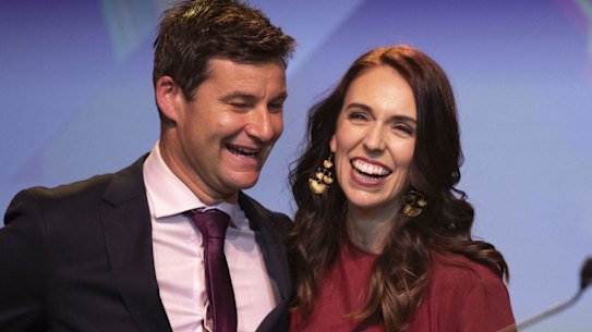 Former New Zealand prime minister Jacinda Ardern, right, and her partner Clarke Gayford following her 2020 election victory.