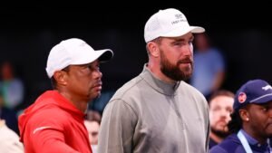Travis Kelce chats with Kai Trump at Tiger Woods’ golf league