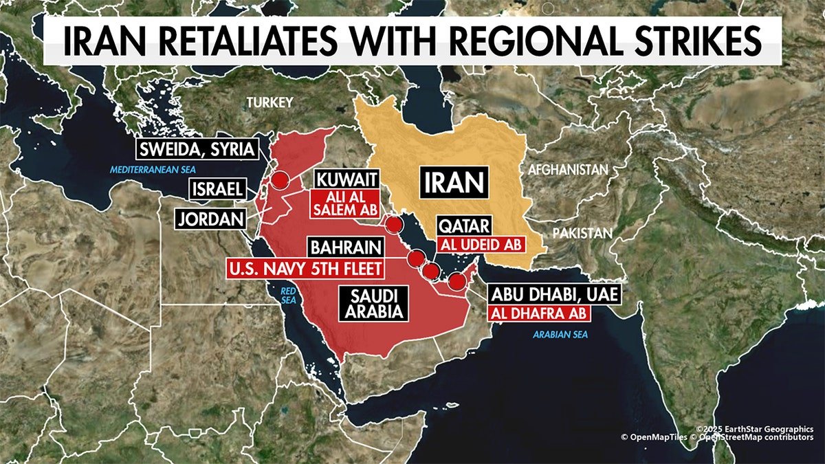 map showing Iran's regional strikes