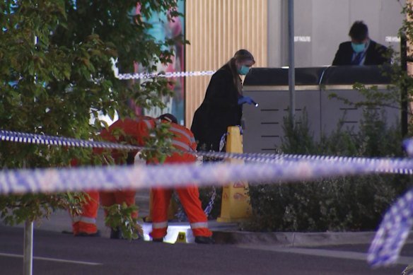 SES workers and police officers scour the scene of the stabbing on Friday night.
