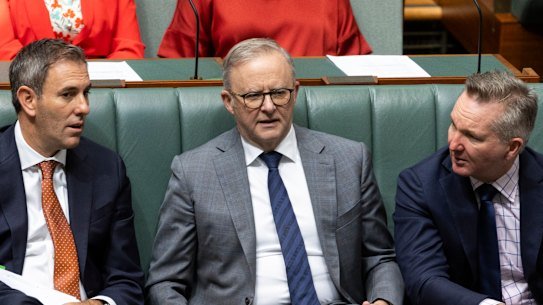 Treasurer Jim Chalmers and Climate Change and Energy Minister Chris Bowen with the prime minister.