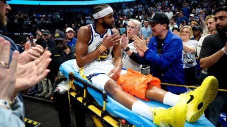 Warriors’ Moses Moody leaves game on stretcher after suffering gruesome injury on dunk attempt
