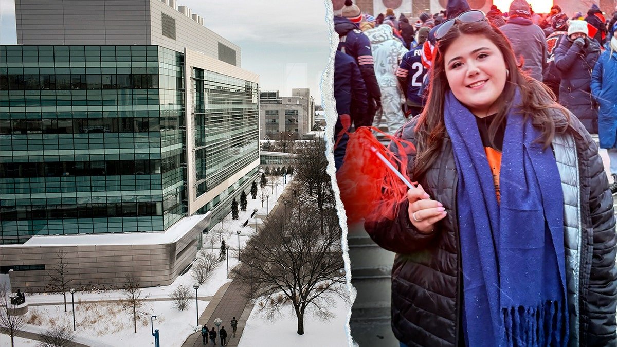 Sheridan Gorman standing next to Loyola University Chicago sign