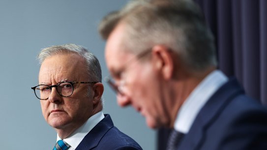 Prime Minister Anthony Albanese and Minister for Climate Change and Energy Chris Bowen during a press conference at Parliament House in Canberra . 