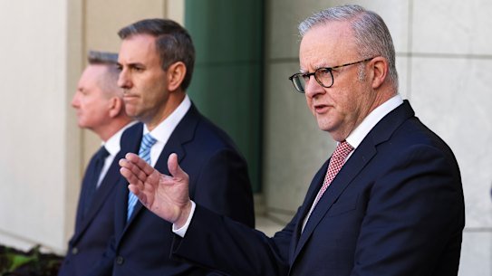 Anthony Albanese announces the national fuel crisis plan on Monday, alongside ministers Chris Bowen and Jim Chalmers.