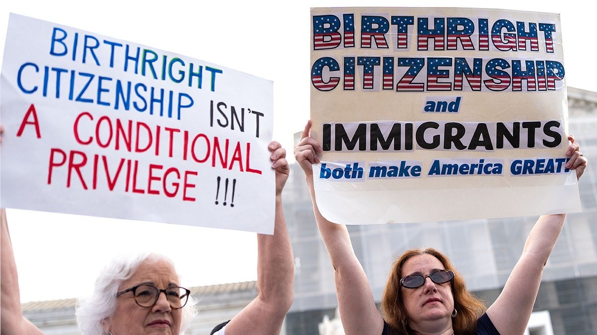 Demonstrators gather outside the Supreme Court in Washington, D.C., in support of birthright citizenship.