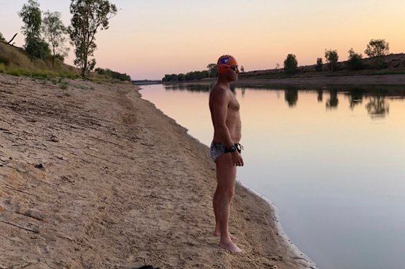 Cullen pictured training at Copi Hollow in the Menindee Lakes system in 2020 for his English Channel swim.
