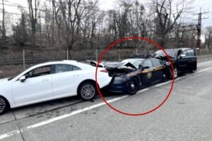 NYS trooper injured as chain reaction crash squashes police car: cops NYS trooper injured as chain reaction crash squashes police car: cops