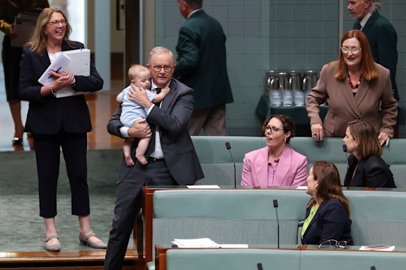 Holding the baby: Prime Minister Anthony Albanese in parliament on Thursday with young Joseph, the son of the member for Canberra, Alicia Payne.