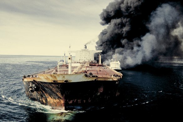 A tanker in flames in the Strait of Hormuz in 1987 during the Iran-Iraq War.