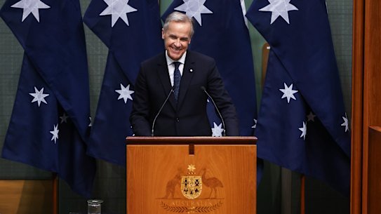 Canada’s Prime Minister Mark Carney addressing the Australian parliament. 