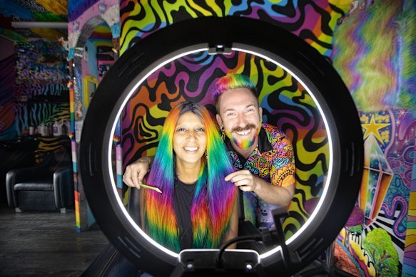 World of good: Hairdresser Mykey O’Halloran, right, and customer Sarpa Lui Da Silva at Unicorn Manes by Mykey salon.