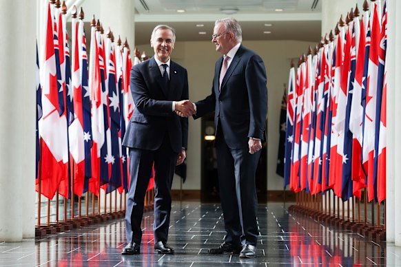 ‘Variable geometry’: Prime Minister of Canada Mark Carney and Prime Minister Anthony Albanese in Canberra this week.