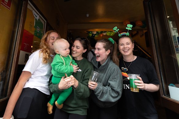 Niamh Masterson-Smith (second from left) with her baby, Beauden, and friends including Amy O’Brien (second from right) at The Irish Times pub on St Patrick’s Day.