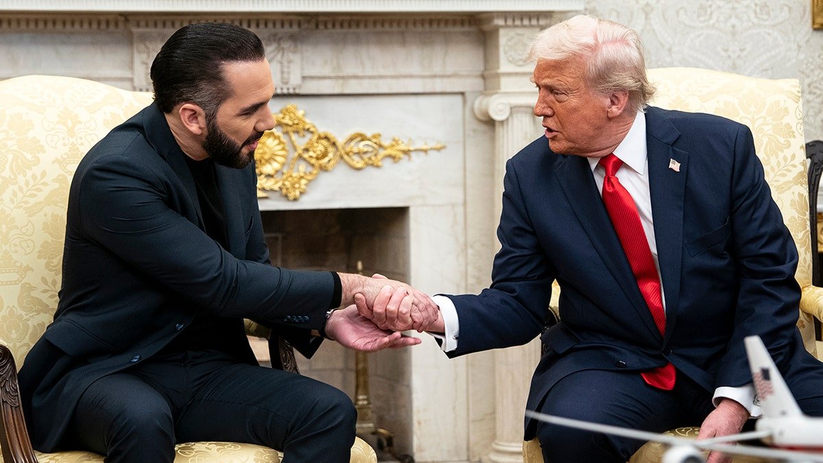 President Donald Trump shakes hands with Salvadoran President Nayib Bukele