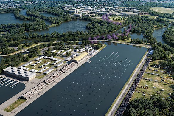 The proposed flatwater centre at Lawnton, with the Moreton Bay Indoor Sports Centre in the background.