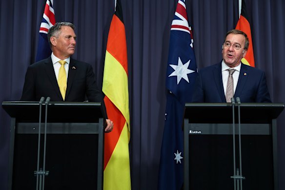 Defence Minister Richard Marles (left) with his German counterpart, Boris Pistorius, during a joint press conference at Parliament House on Thursday.