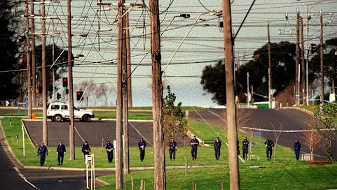 Police at the scene of the Silk-Miller shooting in 1998.