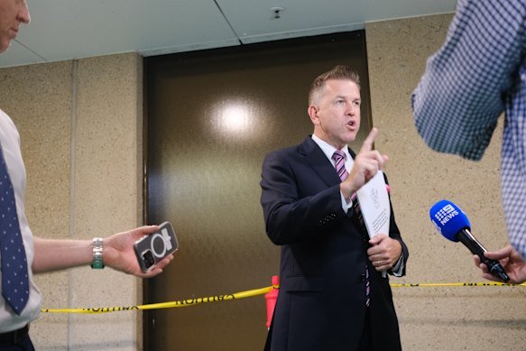 Queensland Deputy Premier Jarrod Bleijie speaks to media at parliament after the passage of the government’s contentious hate speech and gun control laws. 