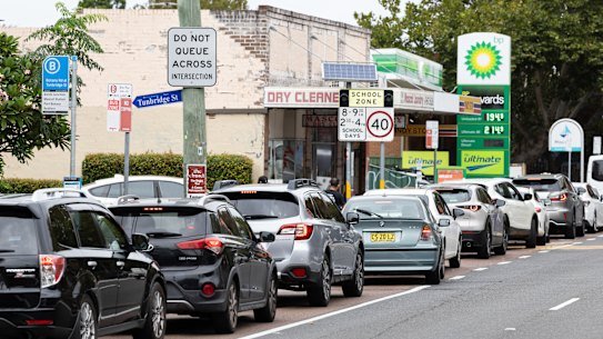 Long queues form at Mascot BP petrol station in Sydney on Monday.