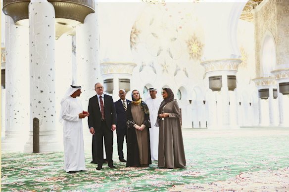 Australian Prime Minister Anthony Albanese and his wife Jodie Haydon, centre, visit Sheikh Zayed Grand Mosque in Abu Dhabi in September.