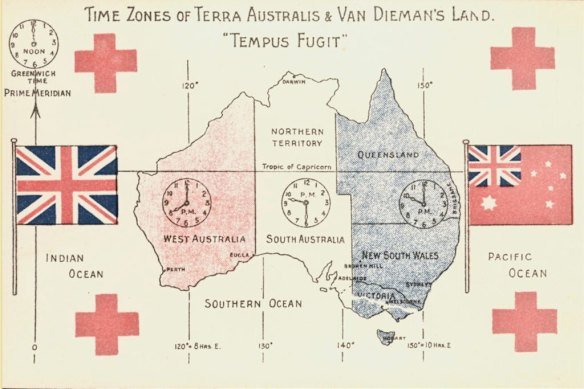 Tempus Fugit, or Time Flies: A 1907 postcard of time zones in Australia.