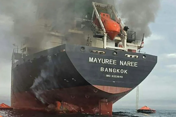The Thai-flagged cargo vessel Mayuree Naree after an attack in the Strait of Hormuz on March 11.