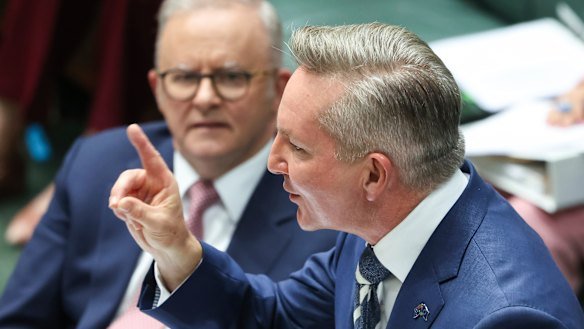 Energy Minister Chris Bowen (right) and Prime Minister Anthony Albanese during question time on Tuesday.