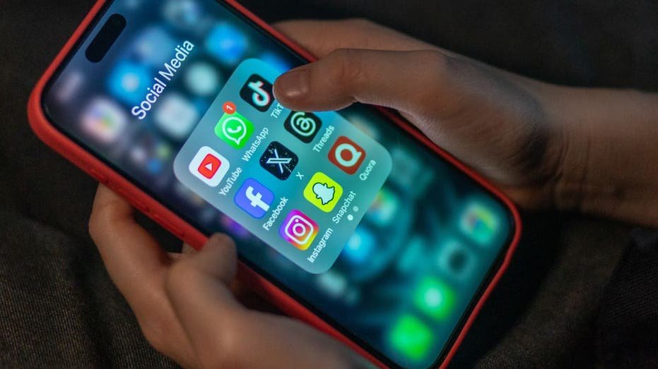 Child looks at a phone with social media apps