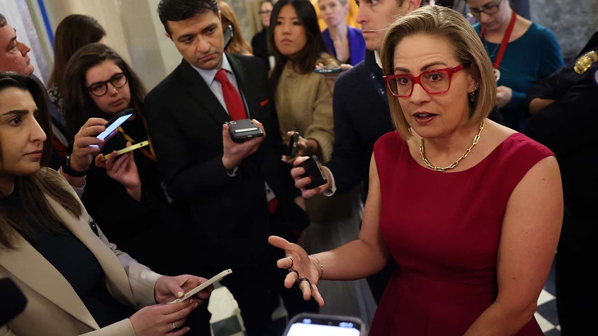 WASHINGTON, DC - FEBRUARY 05: U.S. Sen. Kyrsten Sinema (I-AZ) speaks to reporters at the U.S. Capitol on February 05, 2024 in Washington, DC. The Senate is working on bringing a bipartisan border security and immigration bill to the floor later this week for a vote. The bill, that also provides funding to Ukraine, Israel and humanitarian aid to Gaza, has received criticism from House Republicans, with Speaker Johnson saying it will be "dead on arrival."