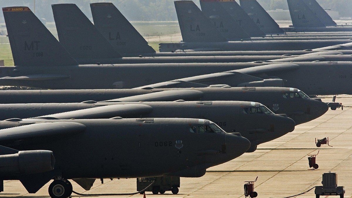 B-52 bombers lined up at Braksdale AIr Force Base