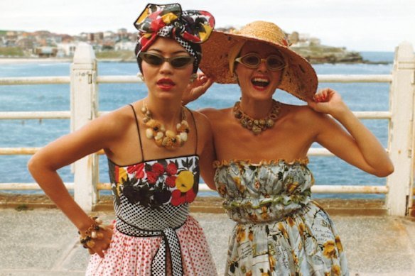 Linda Jackson and Jenny Kee wearing Jackson’s Tutti Frutti dress in 1975.