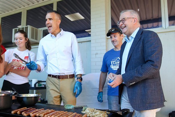 South Australian Premier Peter Malinauskas with Prime Minister Anthony Albanese on election day in Adelaide.