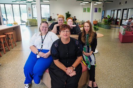 Hesther Hornbrook Academy Principal Principal Sally Lasslett  with staff member Amy Farrell (L) and Amanda Amato (R) with students Zane Carne and Luke Hutchinson.