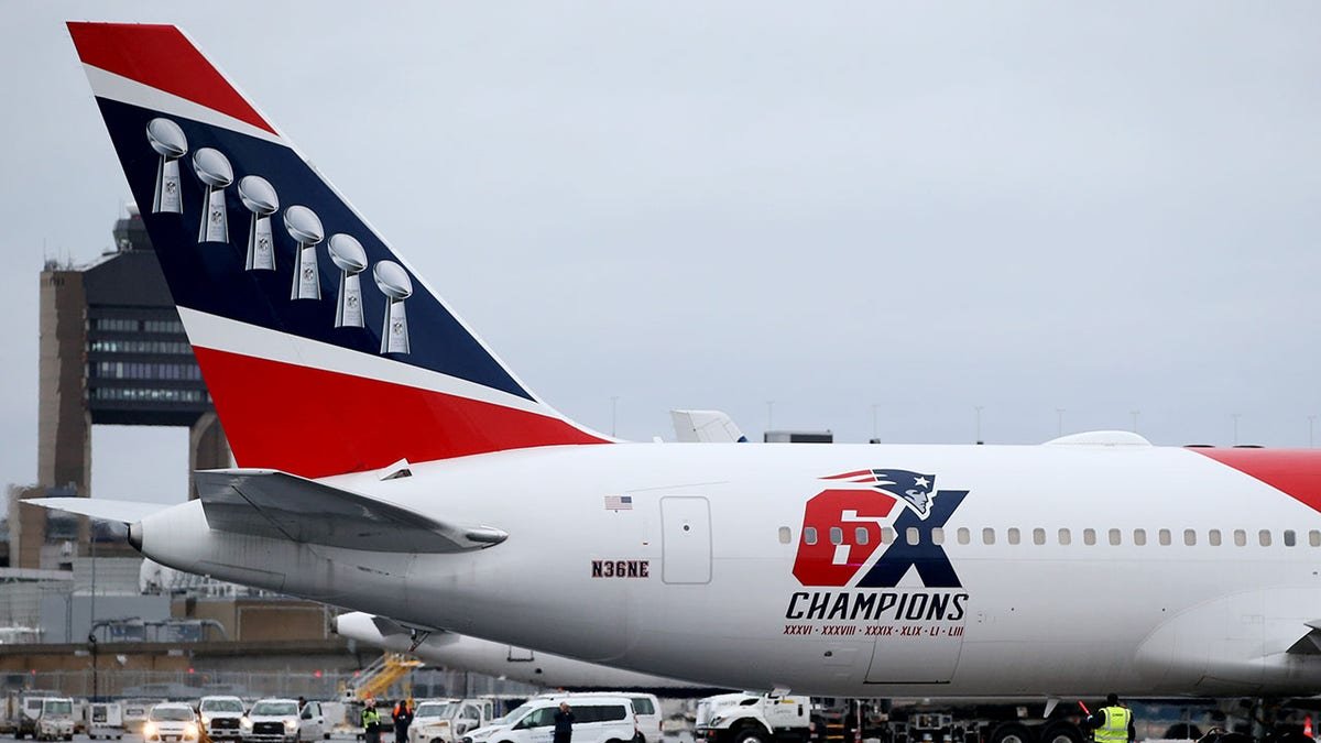 New England Patriots plane parked at Logan International Airport in Boston