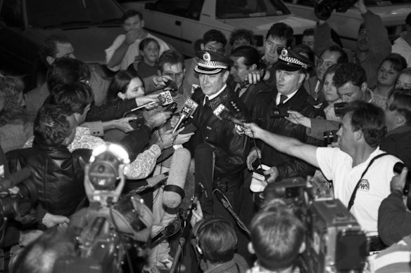 Clive Small at a press conference after the arrest of Ivan Milat.