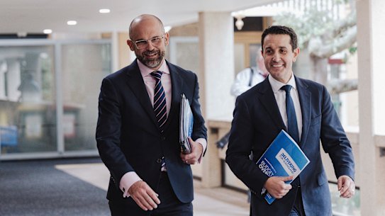 Queensland Treasurer David Janetzki and Premier David Crisafulli prepare to address the media about their first budget in June 2025.
