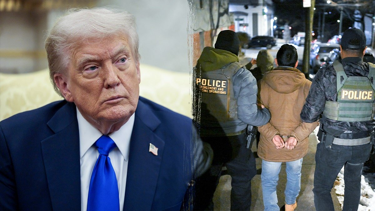 A side-by-side of President Donald Trump and law enforcement officers arresting a man in an ICE operation.