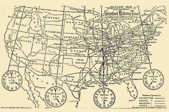 A railways map of United States time zones after the adoption of standard time in 1883.