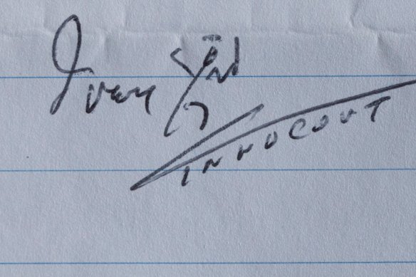 Ivan Milat signed off his letters with this stick figure and the word “innocent”. Rigby thinks it represents a hitchhiker.