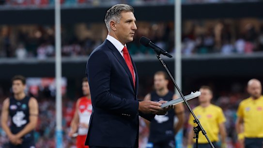 Sydney CEO Matthew Pavlich during the March 5 pre-game tribute to victims of the Bondi terror attack.